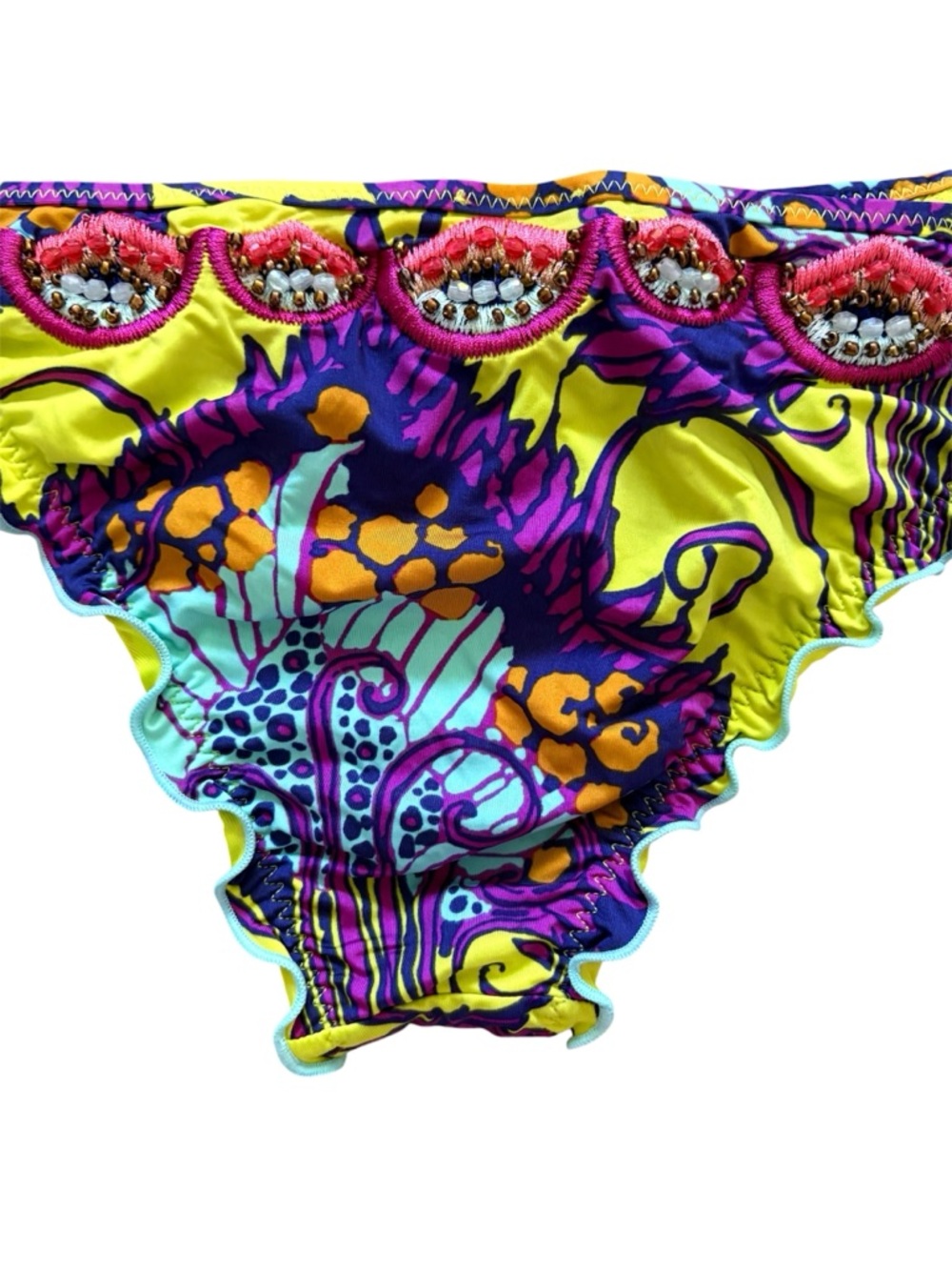 Zingara Ruffle Embroidered String Bikini Bottoms Abstract Print Size 6 - Picture 12 of 13
